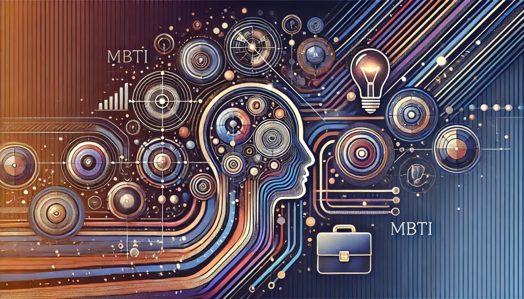 Αφηρημένο σχέδιο με το λογότυπο MBTI και εικονίδια που συμβολίζουν την εργασία, όπως χαρτοφύλακας και επαγγελματικά σύμβολα